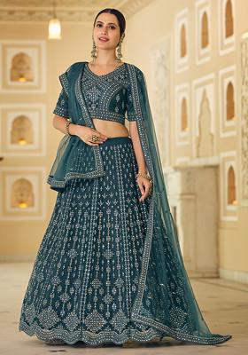 Rama Blue Mirror Embroidered Soft Net Lehenga Set
