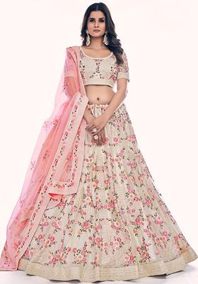 White Thread Embroidered Soft Net Lehenga Set