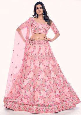Peach Thread Embroidered Soft Net Lehenga Set