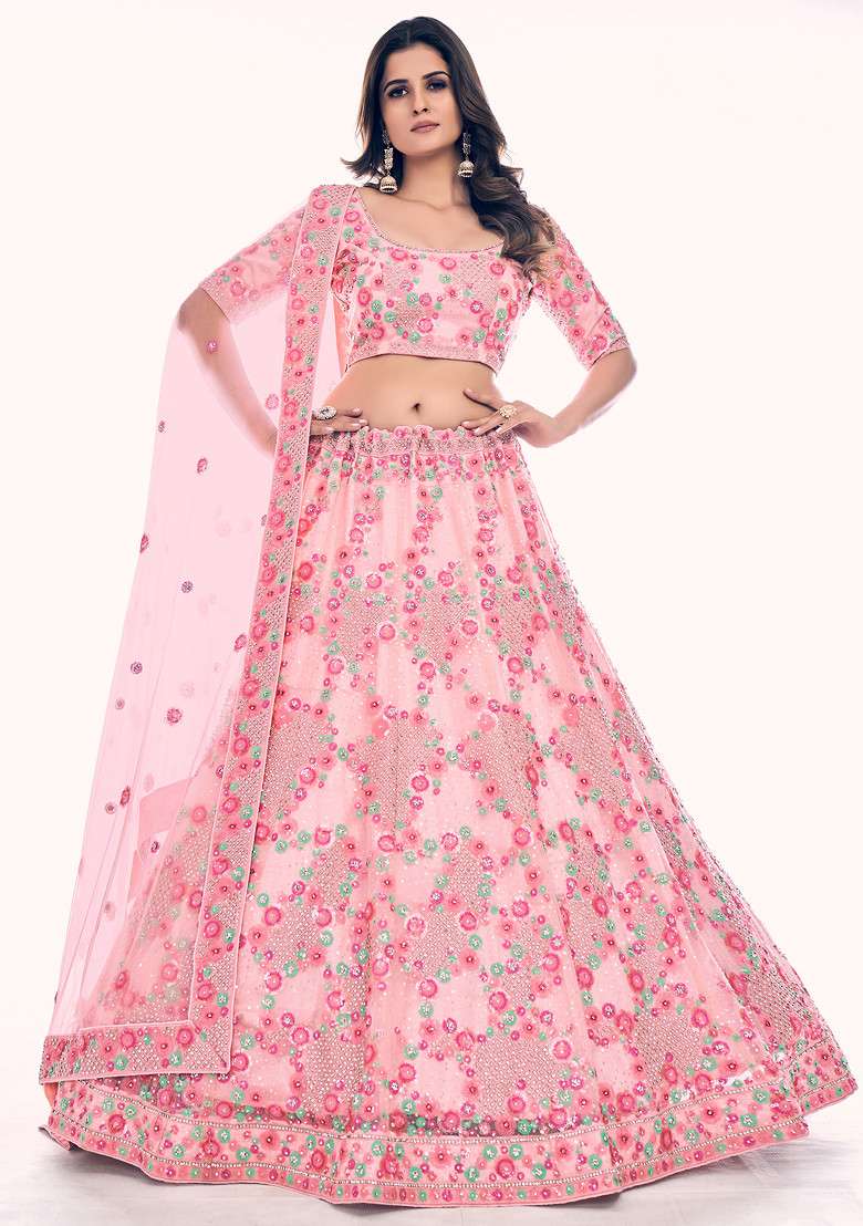 Peach Thread Embroidered Soft Net Lehenga Set - Indya