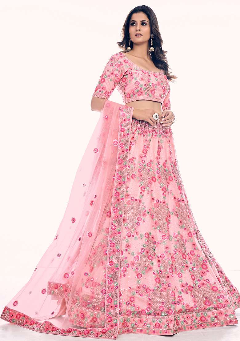 Peach Thread Embroidered Soft Net Lehenga Set - Indya