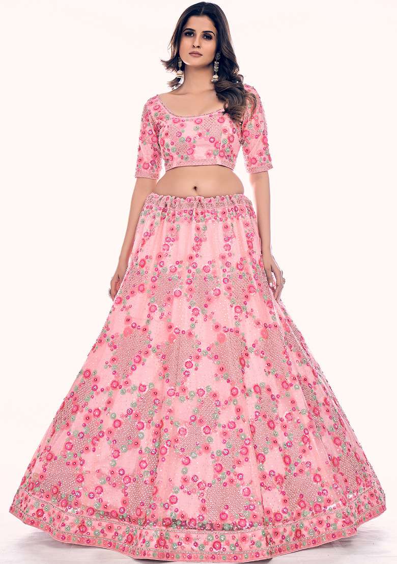Peach Thread Embroidered Soft Net Lehenga Set - Indya