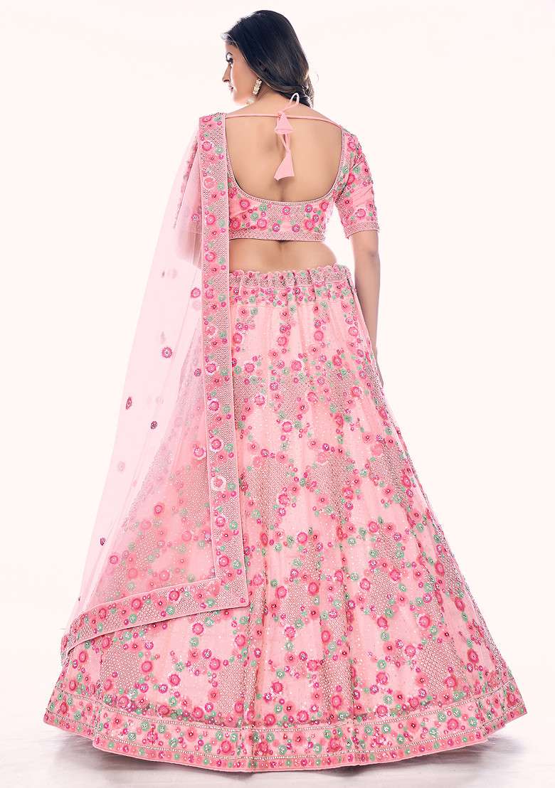 Peach Thread Embroidered Soft Net Lehenga Set - Indya