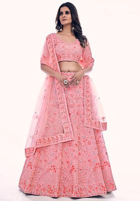 Pink Thread Embroidered Soft Net Lehenga Set