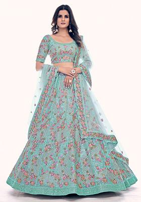 Turquoise Blue Thread Embroidered Soft Net Lehenga Set