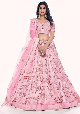 Pink Thread Embroidered Soft Net Lehenga Set