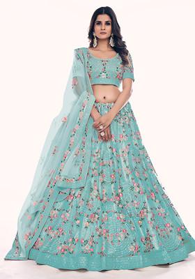 Green Thread Embroidered Soft Net Lehenga Set