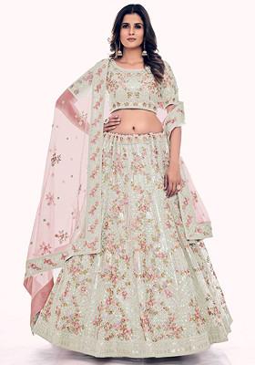 White Thread Embroidered Soft Net Lehenga Set