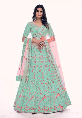 Aqua Blue Embroidered Soft Net Lehenga Set