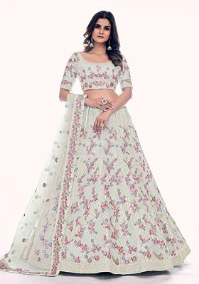 White Embroidered Soft Net Lehenga Set