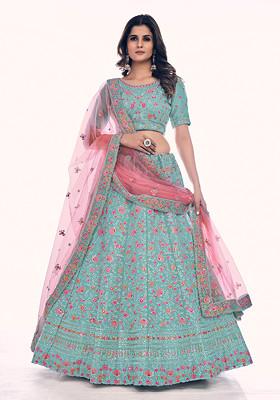 Turquoise Blue Thread Embroidered Gota Silk Lehenga Set