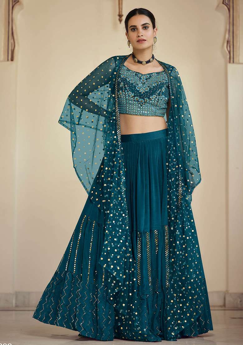 Rama Green Sequin Work Georgette Lehenga Set - Indya
