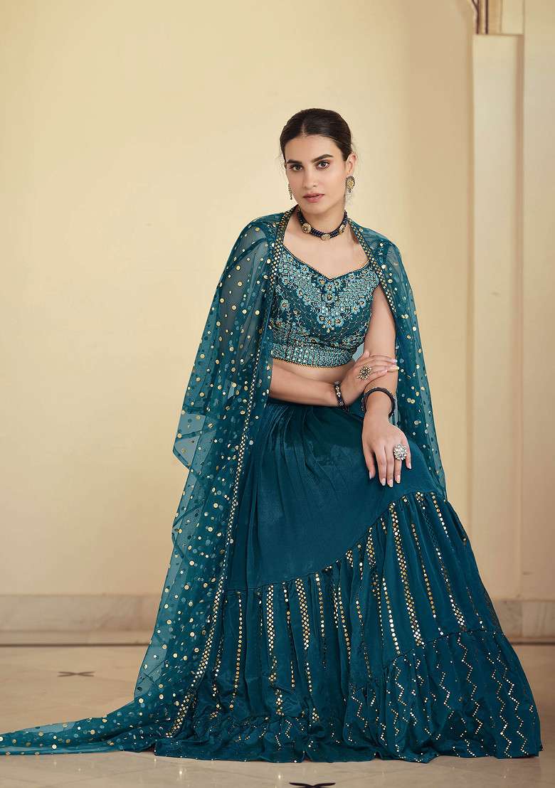 Rama Green Sequin Work Georgette Lehenga Set - Indya