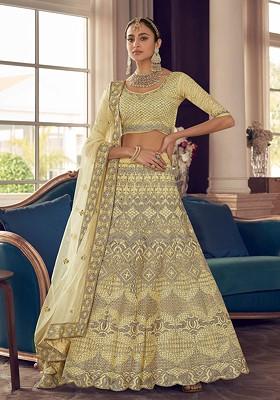 Lime Yellow Thread Embroidered Art Silk Lehenga Set