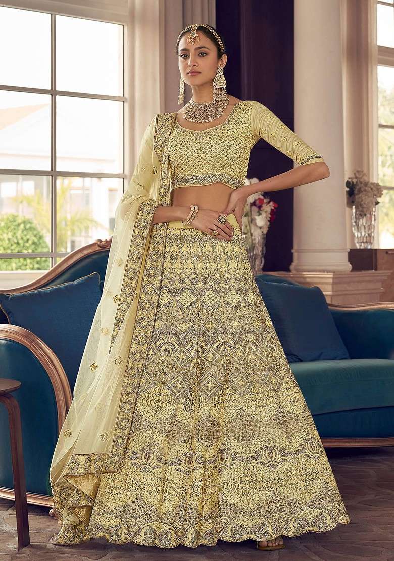 Lime Yellow Thread Embroidered Art Silk Lehenga Set - Indya