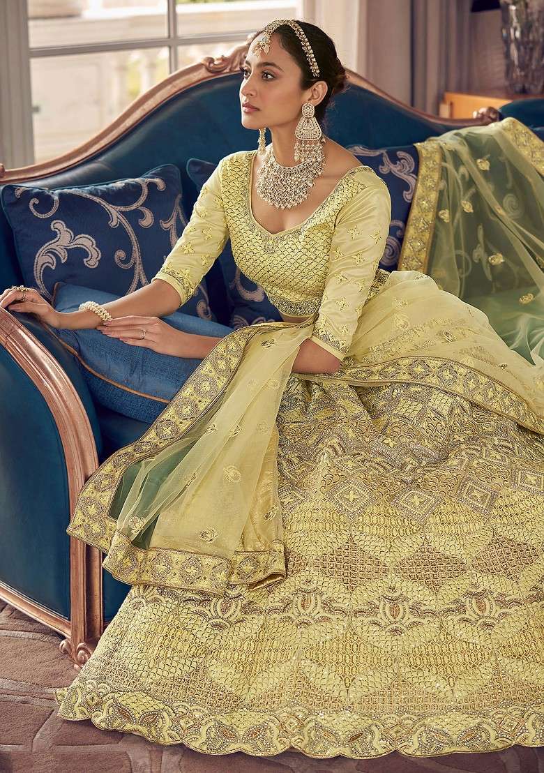 Lime Yellow Thread Embroidered Art Silk Lehenga Set - Indya