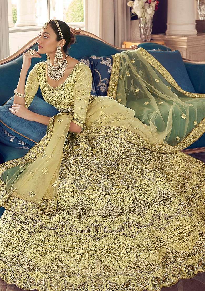 Lime Yellow Thread Embroidered Art Silk Lehenga Set - Indya