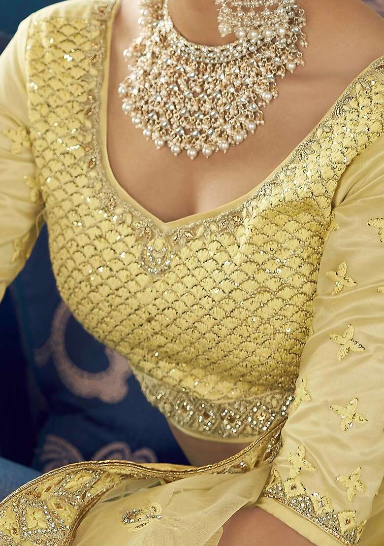Lime Yellow Thread Embroidered Art Silk Lehenga Set - Indya