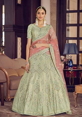 Pista Green Thread Embroidered Gota Silk Lehenga Set