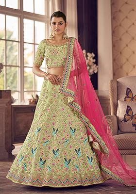 Pista Green Thread Embroidered Georgette Lehenga Set