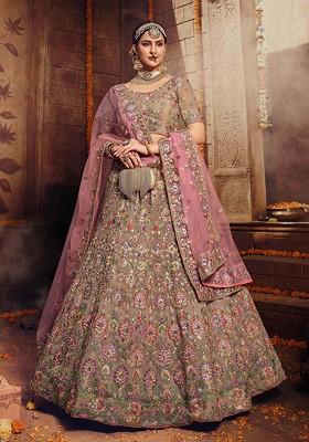 Brown Thread Embroidered Organza Lehenga Set