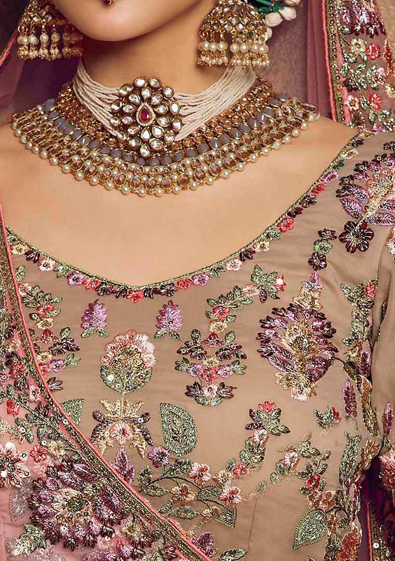 Brown Thread Embroidered Organza Lehenga Set