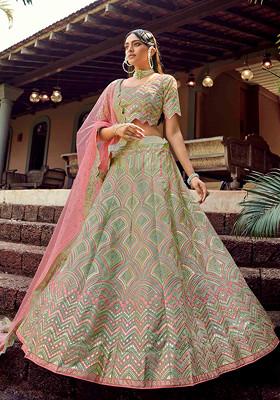 Green Resham Embroidered Georgette Lehenga Set
