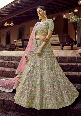Green Resham Embroidered Georgette Lehenga Set