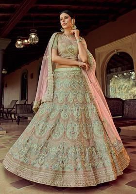 Green Resham Embroidered Georgette Lehenga Set