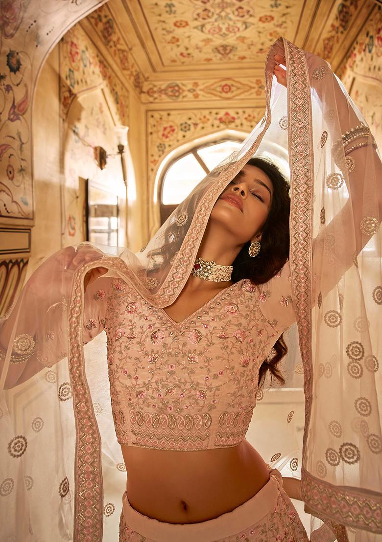 Peach Heavy Embroidered Organza Lehenga Set