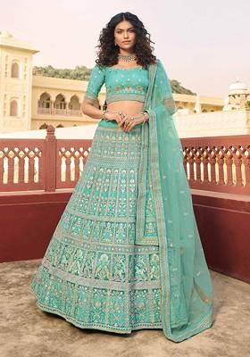Turquoise Heavy Embroidered Organza Lehenga Set