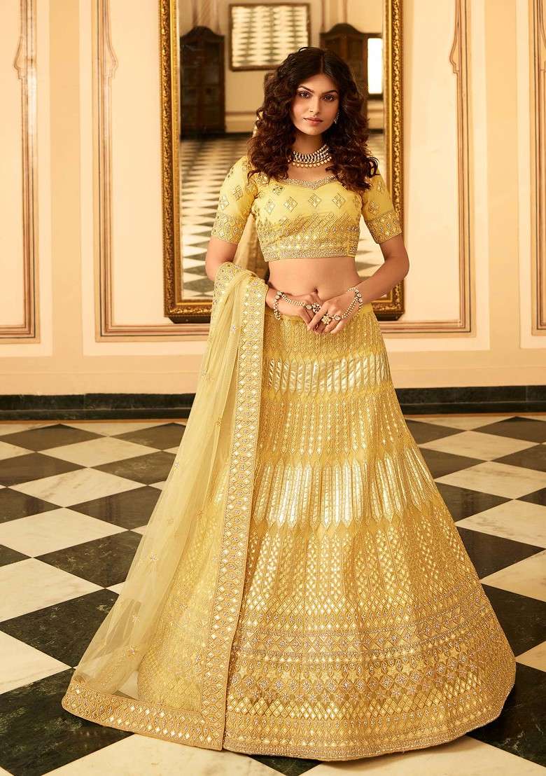 Mustard Heavy Embroidered Organza Lehenga Set - Indya