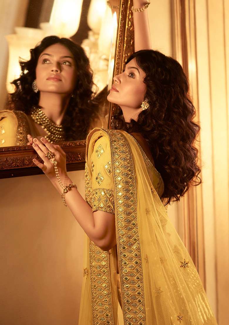 Mustard Heavy Embroidered Organza Lehenga Set - Indya