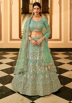 Turquoise Blue Heavy Embroidered Organza Lehenga Set