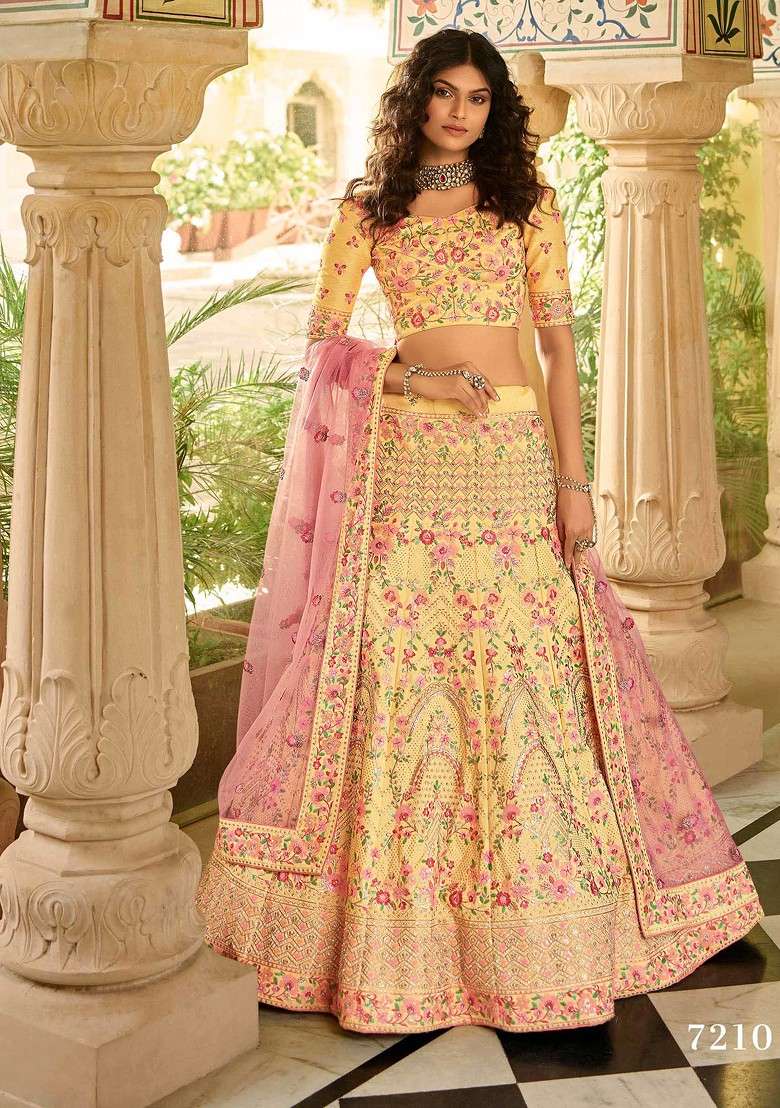 Yellow Heavy Embroidered Crepe Lehenga Set - Indya