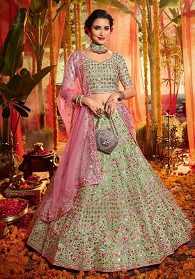 Green Thread Embroidered Organza Lehenga Set