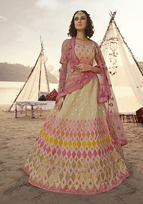 Beige Thread Embroidered Organza Lehenga Set