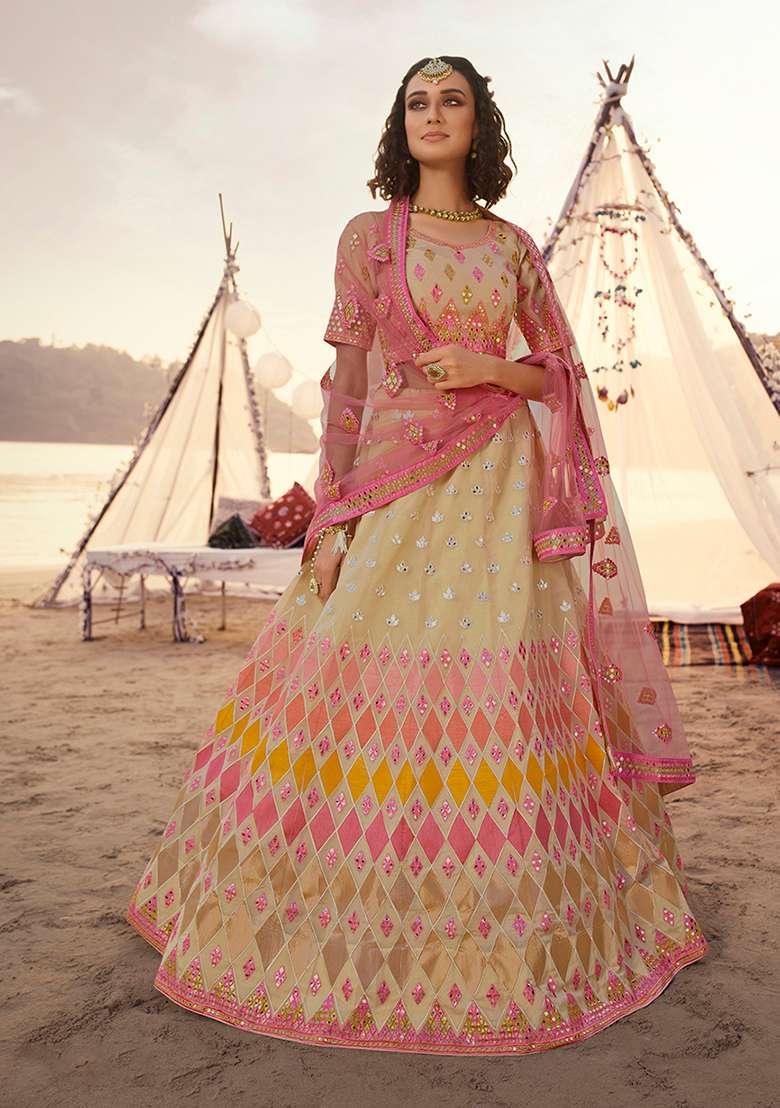 Beige Thread Embroidered Organza Lehenga Set - Indya