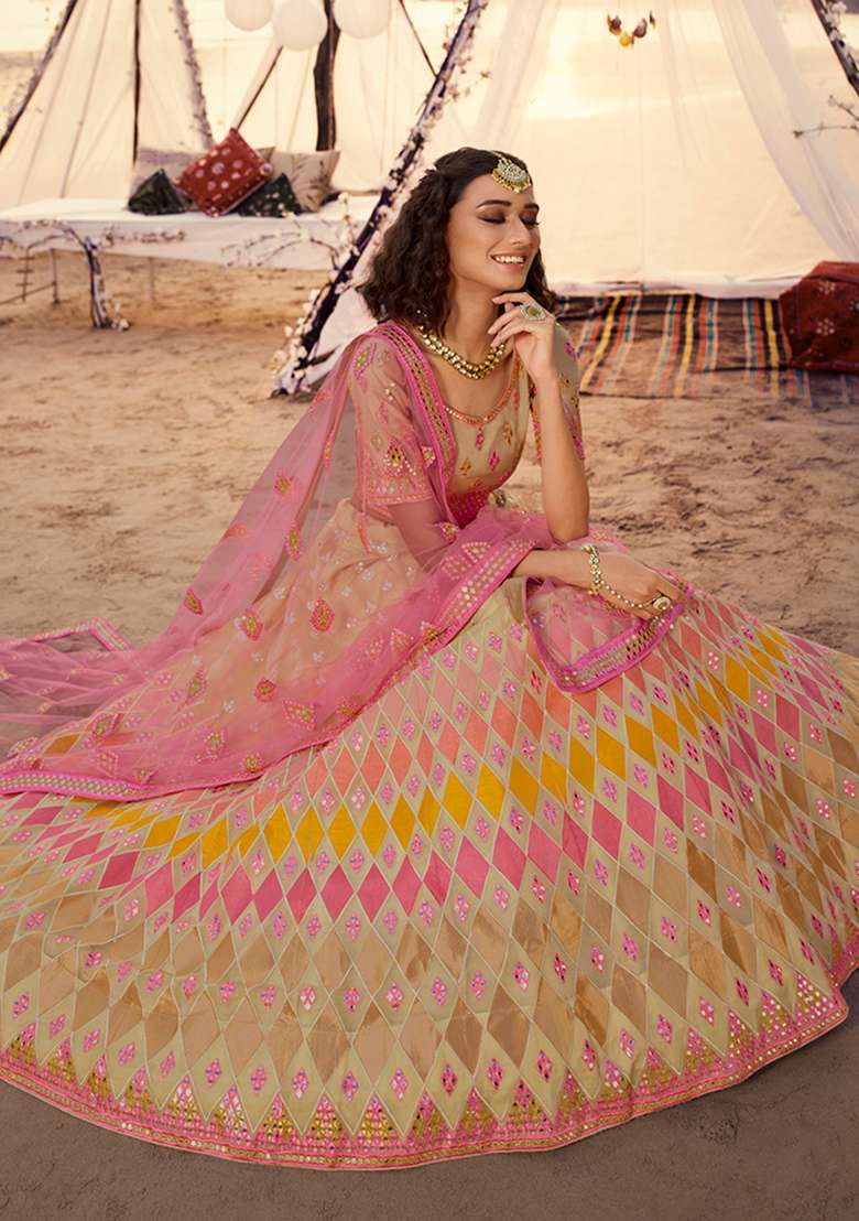 Beige Thread Embroidered Organza Lehenga Set - Indya