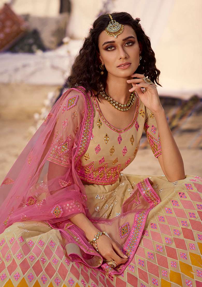Beige Thread Embroidered Organza Lehenga Set - Indya