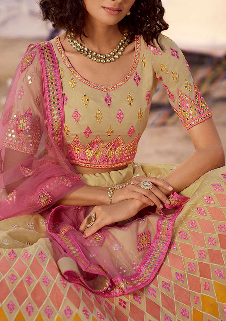 Beige Thread Embroidered Organza Lehenga Set - Indya