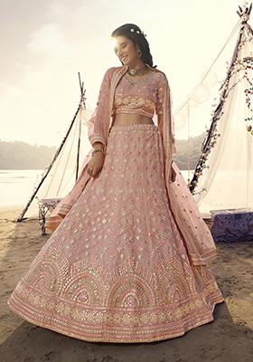 Peach Thread Embroidered Organza Lehenga Set