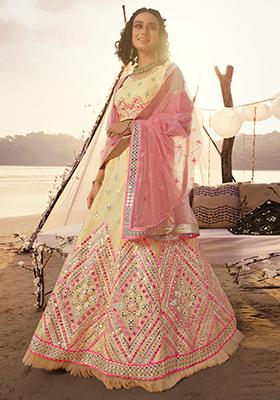 Beige Thread Embroidered Organza Lehenga Set