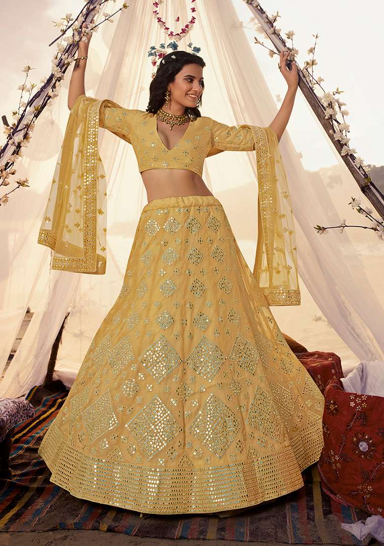 Mustard Thread Organza Lehenga Set with Embroidered for Diwali | Wedding & Festive Wear - Indya