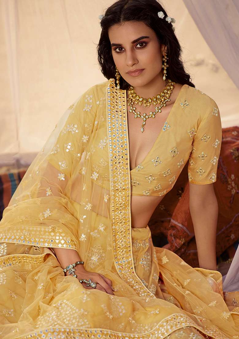 Mustard Thread Organza Lehenga Set with Embroidered for Diwali | Wedding & Festive Wear - Indya
