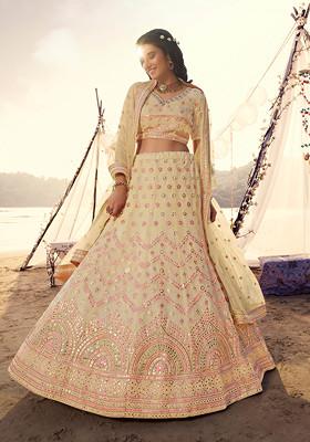 Beige Thread Embroidered Organza Lehenga Set