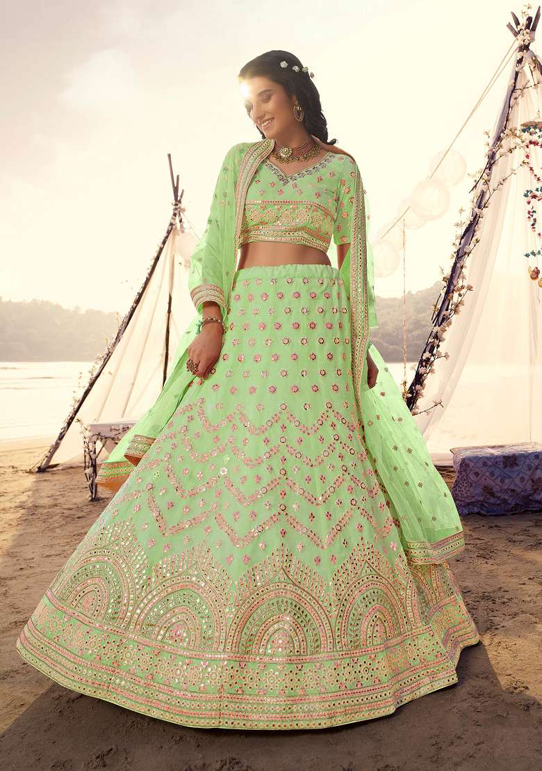Green Thread Organza Lehenga Set with Embroidered for Diwali | Wedding & Festive Wear - Indya
