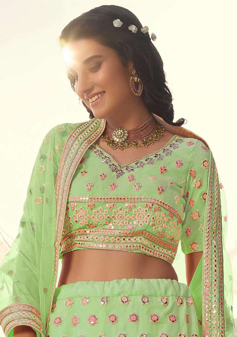 Green Thread Organza Lehenga Set with Embroidered for Diwali | Wedding & Festive Wear - Indya