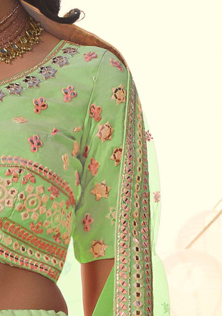 Green Thread Organza Lehenga Set with Embroidered for Diwali | Wedding & Festive Wear - Indya