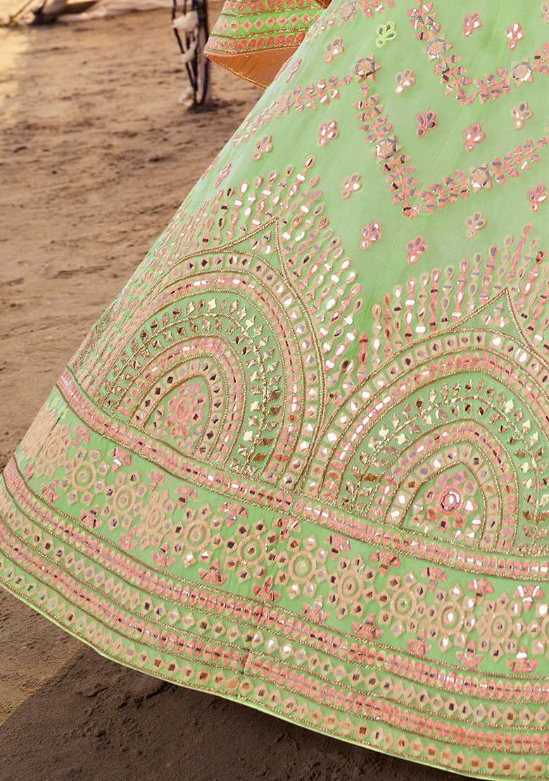 Green Thread Organza Lehenga Set with Embroidered for Diwali | Wedding & Festive Wear - Indya